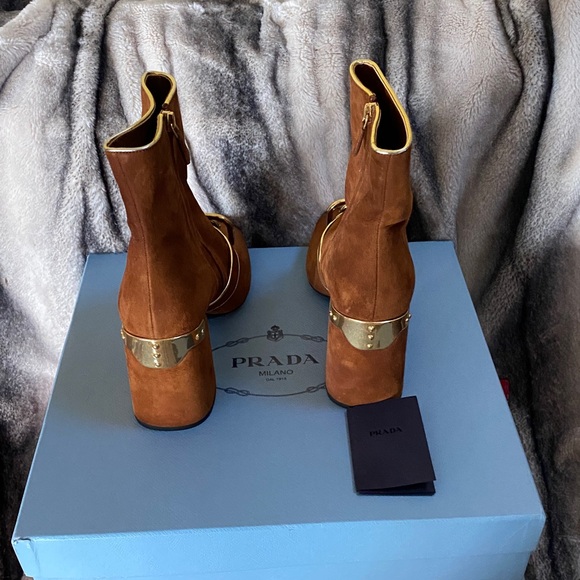 Prada Brown Suede Gold Hardware Booties New! - Picture 11 of 16